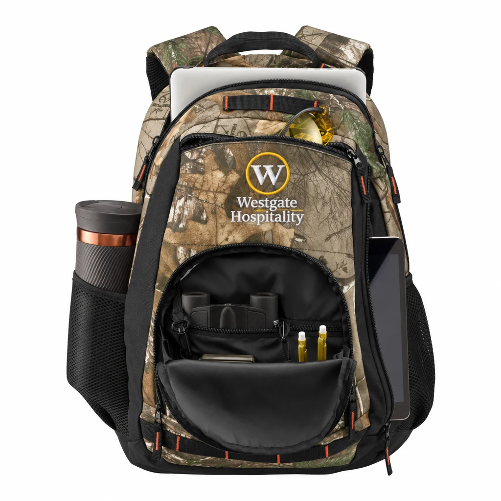 Custom Port Authority Camo Xtreme Backpack (BG207C) in Realtree Xtra/ Black, flat-lay view with a custom embroidered logo.