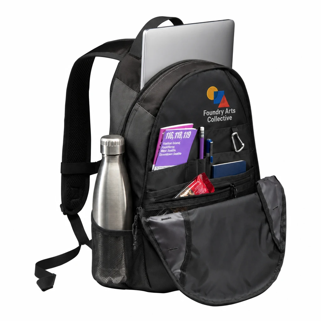 Custom Port Authority Ridge Backpack (BG208) in Dark Charcoal/ Charcoal, flat-lay view with a custom embroidered logo.