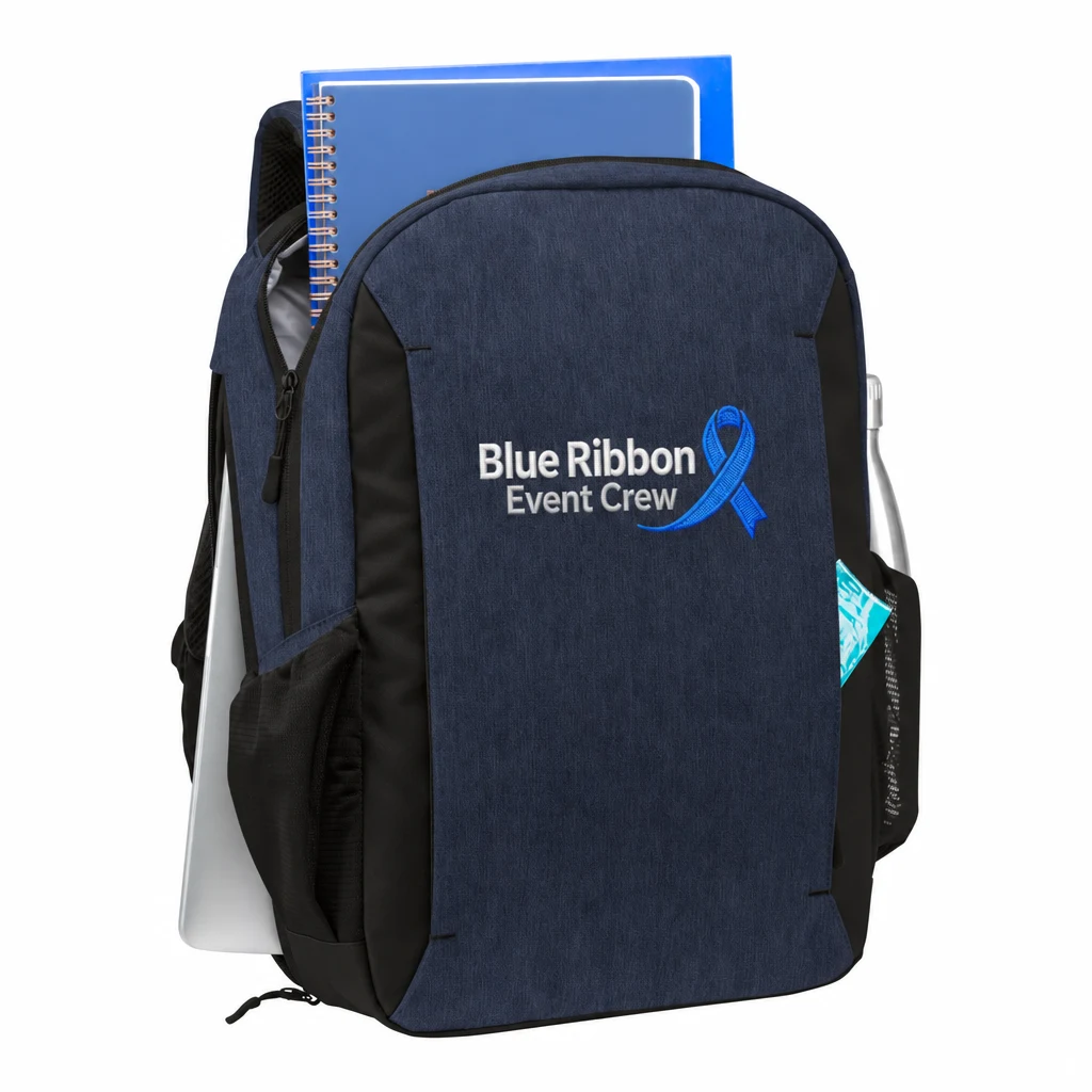 Custom Port Authority Vector Backpack (BG209) in Navy Heather, flat-lay view with a custom embroidered logo. Example design