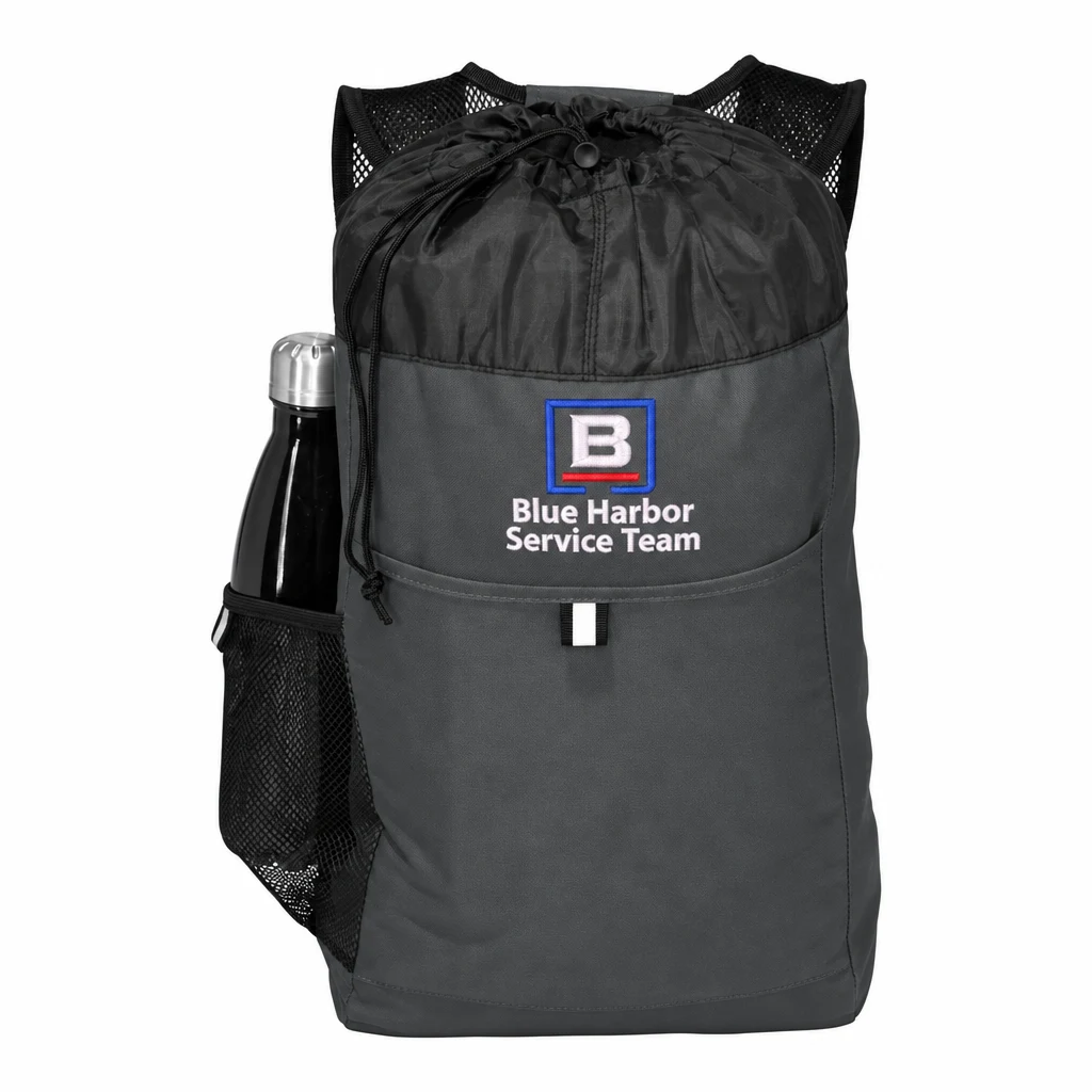 Custom Port Authority Hybrid Backpack (BG211) in Dark Charcoal/ Black, flat-lay view with a custom embroidered logo.