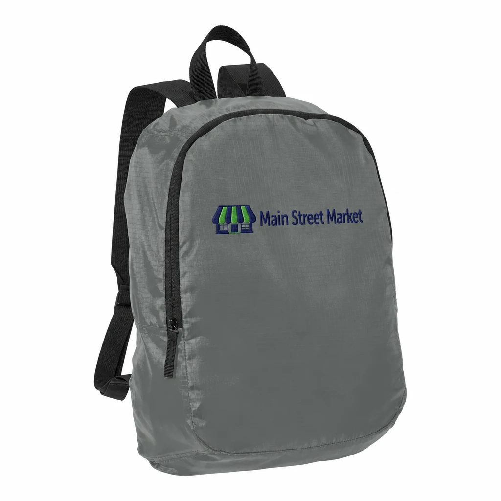 Custom Port Authority Crush Ripstop Backpack (BG213) in Shadow Grey, flat-lay view with a custom embroidered logo.
