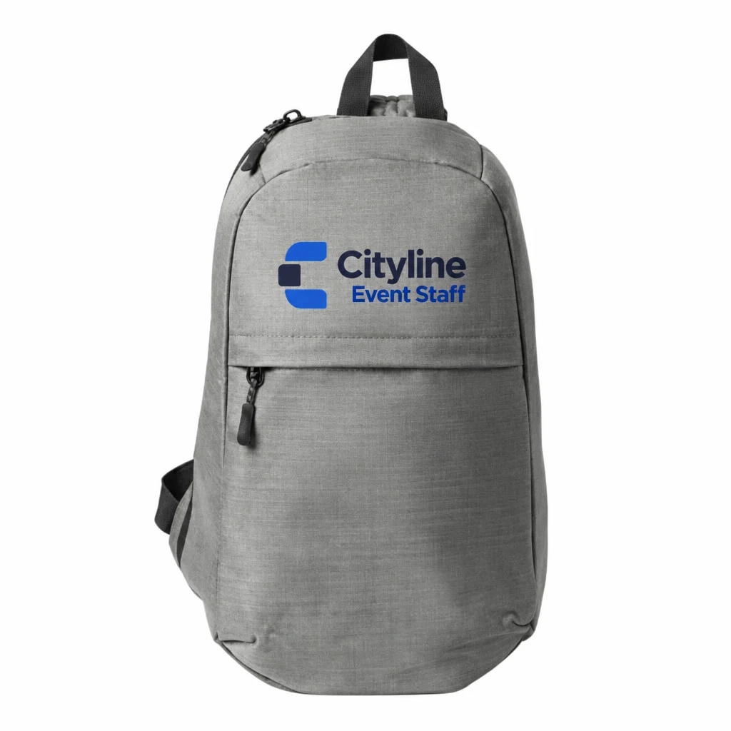 Custom Port Authority Crossbody Backpack (BG228) in Gusty Grey Heather, flat-lay view with a custom printed logo.