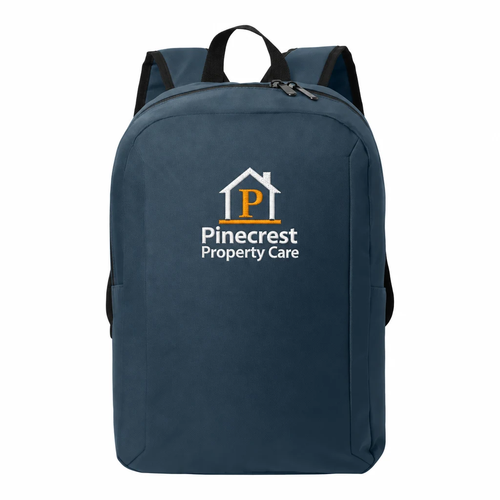 Custom Port Authority Modern Backpack (BG231) in River Blue Navy, flat-lay view with a custom embroidered logo.