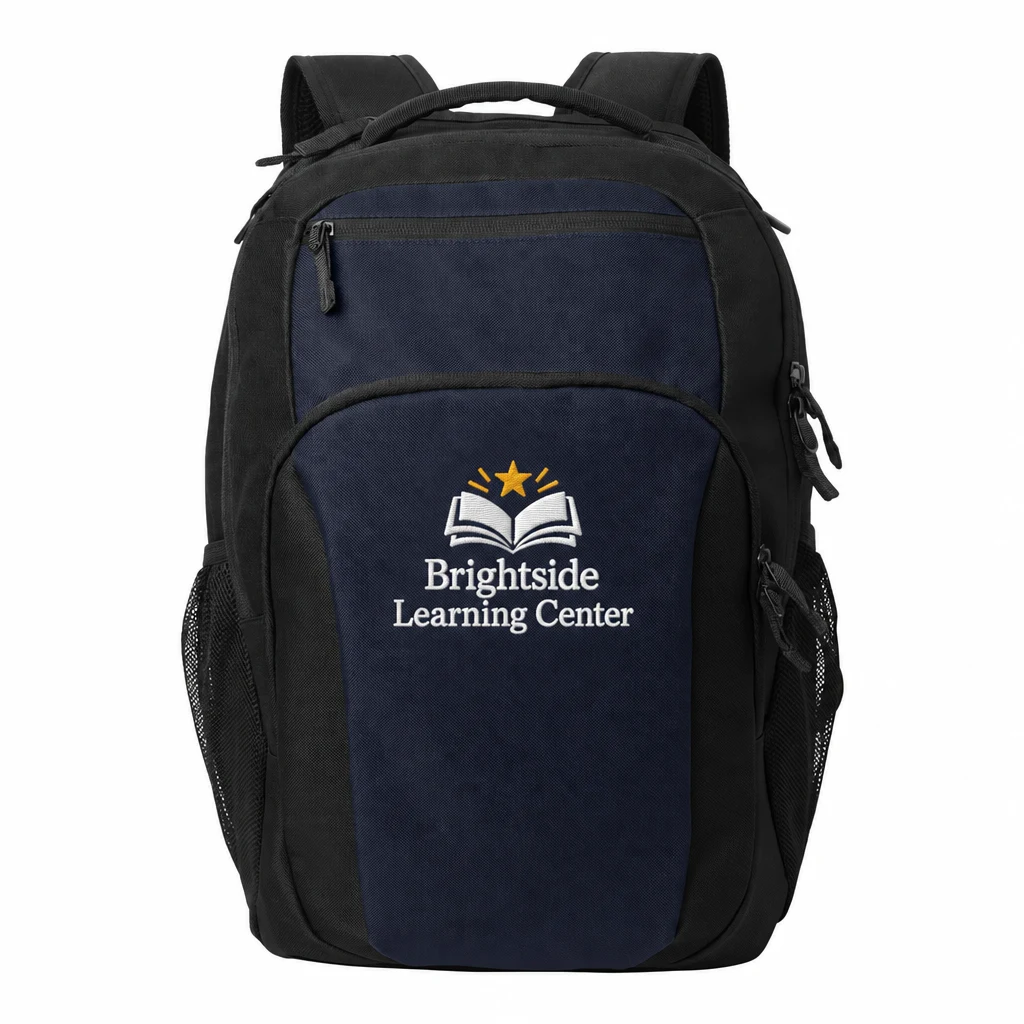 Custom Port Authority Transport Backpack (BG232) in True Navy/ Black, flat-lay view with a custom embroidered logo.