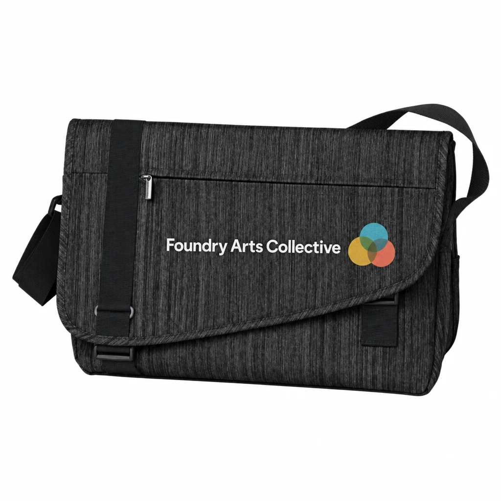 Custom Port Authority Crossbody Messenger (BG303) in Storm, flat-lay view with a custom printed logo.