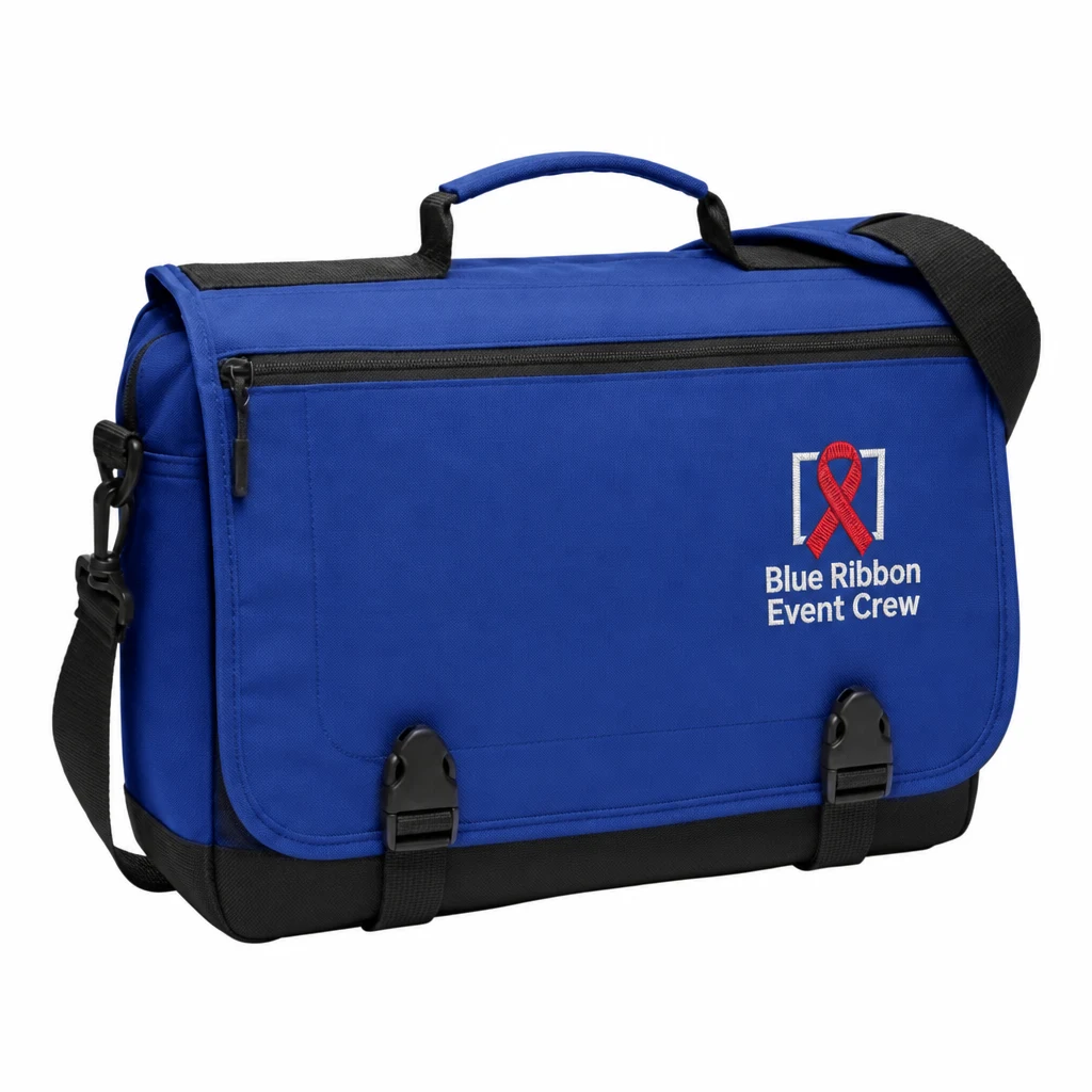 Custom Port Authority Messenger Briefcase (BG304) in Twilight Blue, flat-lay view with a custom embroidered logo.