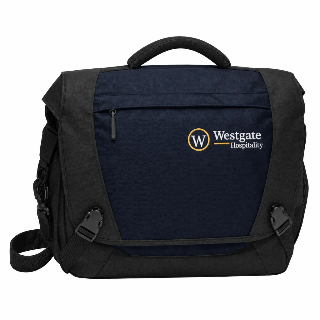 Custom Port Authority Computer Messenger (BG306) in Dark Steel Blue, flat-lay view with a custom embroidered logo.