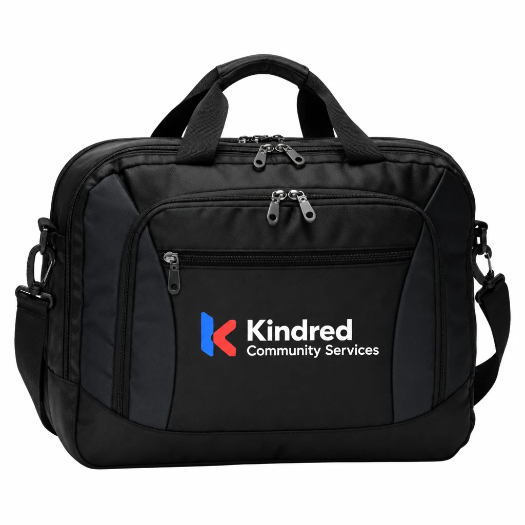 Custom Port Authority Commuter Brief (BG307) in Black, flat-lay view with a custom printed logo.