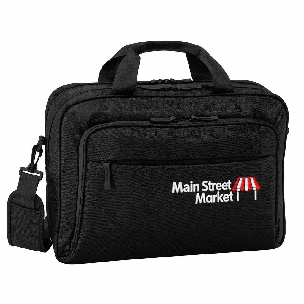 Custom Port Authority Exec Briefcase (BG323) in Black, flat-lay view with a custom embroidered logo.