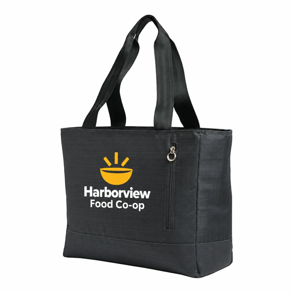 Custom Port Authority Women's Laptop Tote (BG401) in Dark Charcoal, flat-lay view with a custom printed logo. Example design