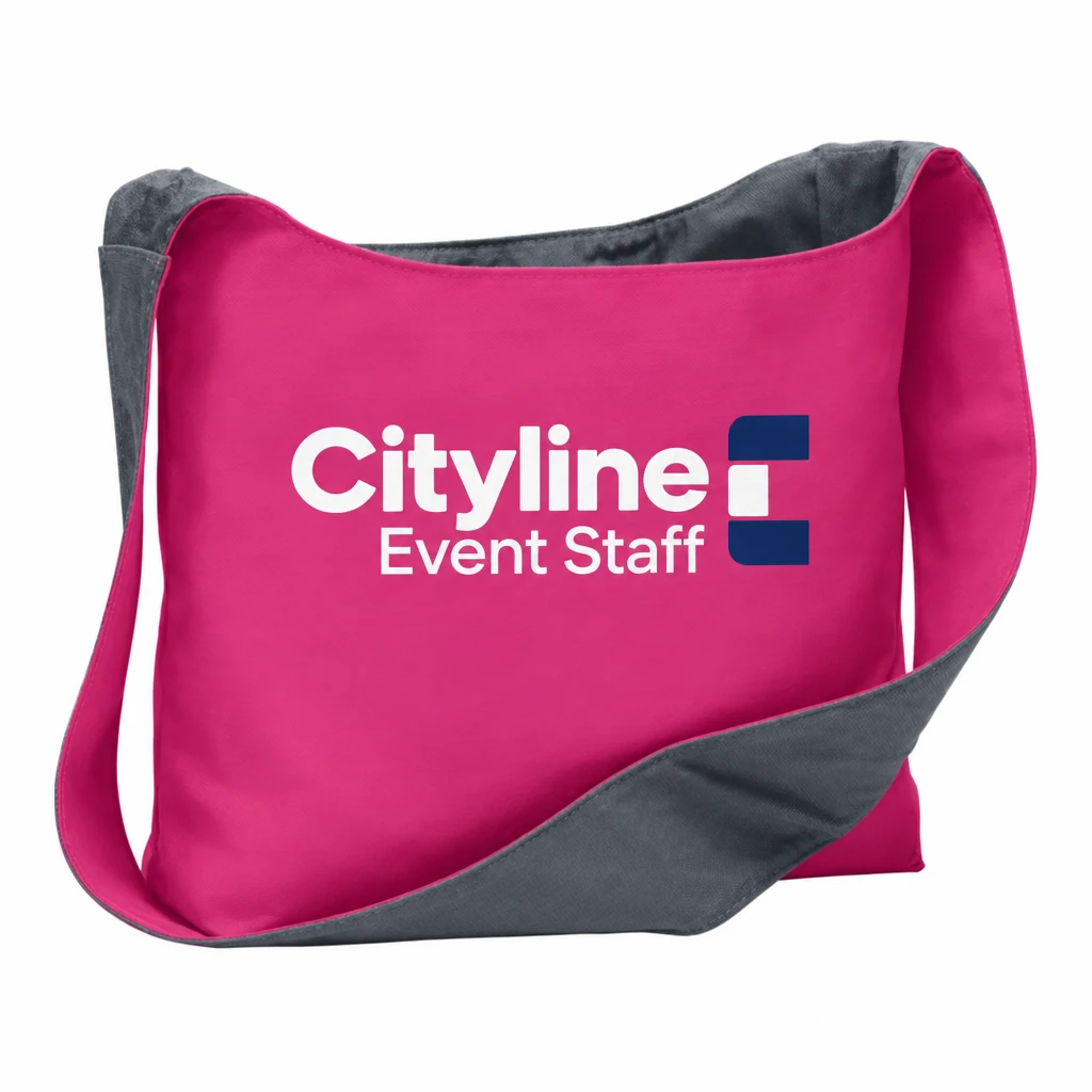 Custom Port Authority Cotton Canvas Sling Bag (BG405) in Tropical Pink/ Charcoal, flat-lay view with a custom printed logo.