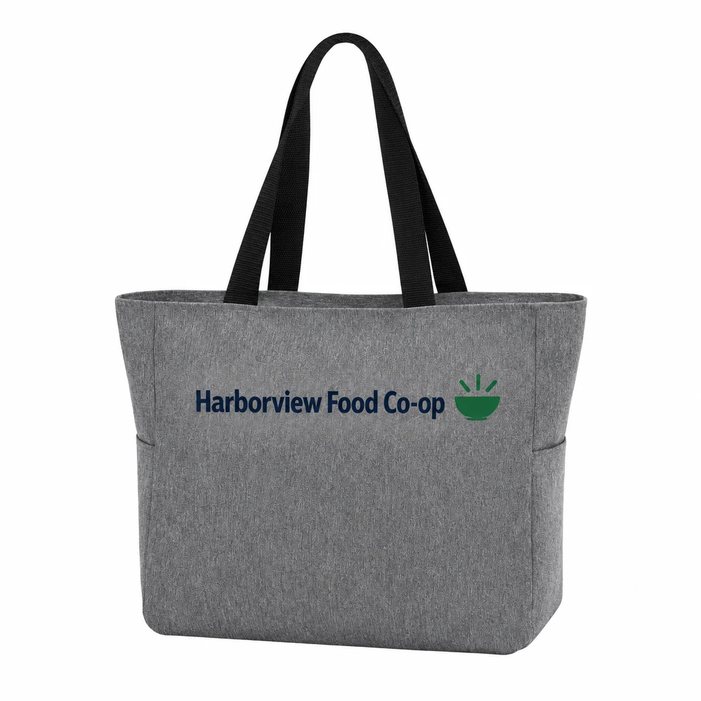 Custom Port Authority Essential Zip Tote (BG410) in Heather Grey, flat-lay view with a custom printed logo. Example design
