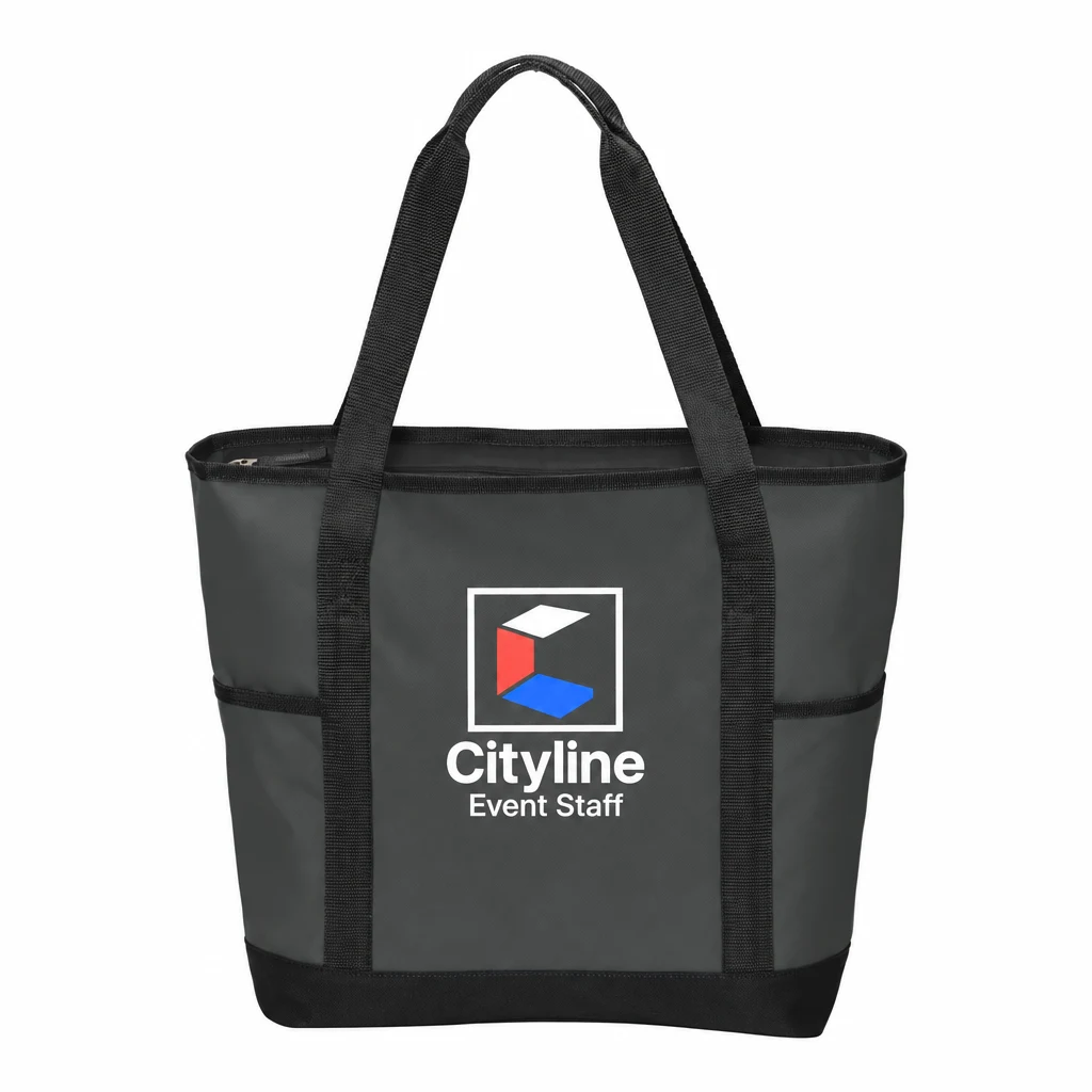 Custom Port Authority On-The-Go Tote (BG411) in Dark Charcoal/ Black, flat-lay view with a custom printed logo. Example design