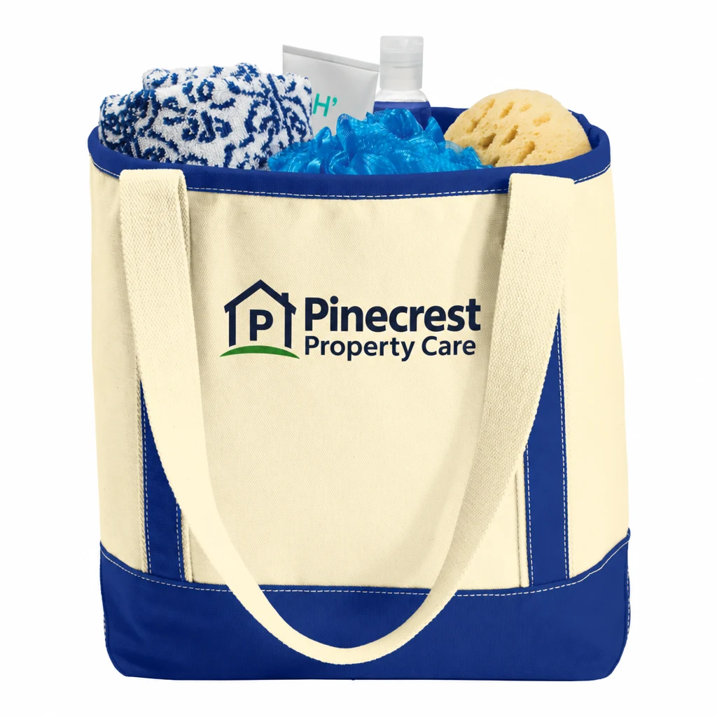 Custom Port Authority Medium Cotton Canvas Tote (BG412) in Natural/ True Royal, flat-lay view with a custom printed logo. Example design