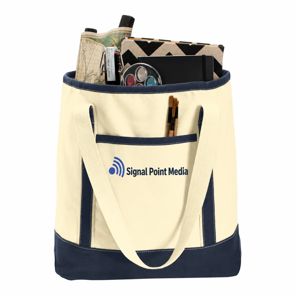 Custom Port Authority Large Cotton Canvas Tote (BG413) in Natural/ Navy, flat-lay view with a custom printed logo. Example design