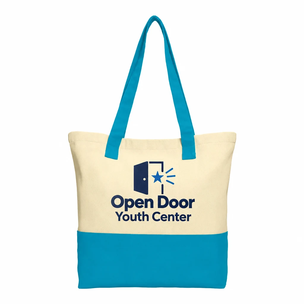 Custom Port Authority Colorblock Cotton Tote (BG414) in Natural/ Turquoise, flat-lay view with a custom printed logo. Example design