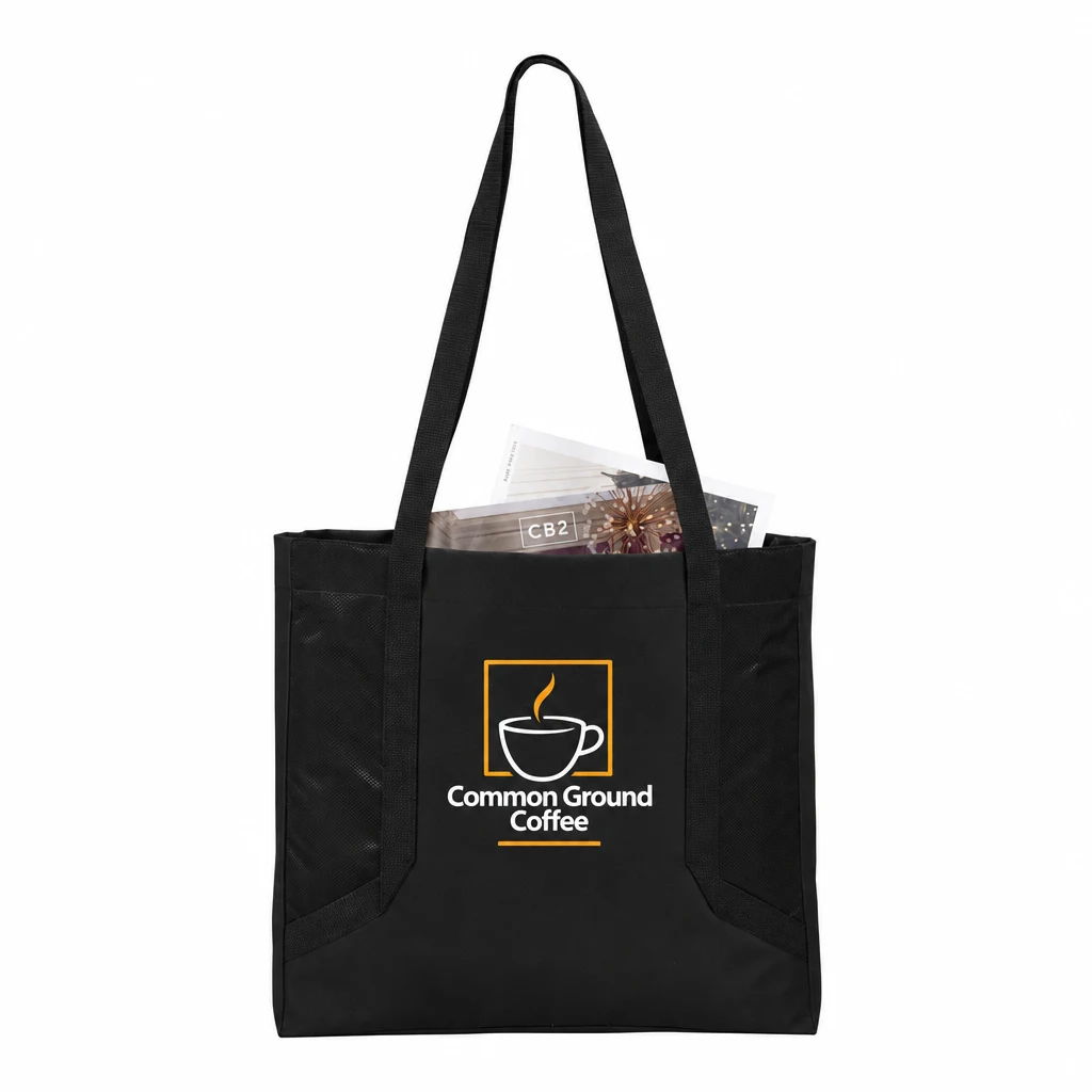 Custom Port Authority Circuit Tote (BG417) in Black, flat-lay view with a custom printed logo. Example design