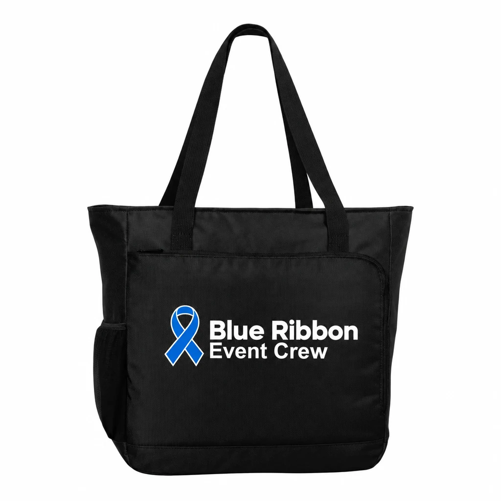 Custom Port Authority City Tote (BG422) in Black, flat-lay view with a custom printed logo. Example design