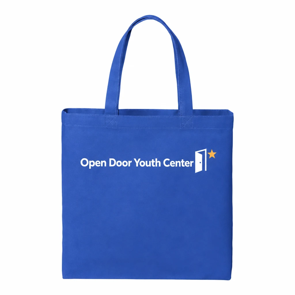 Custom Port Authority Cotton Canvas Tote (BG424) in True Royal, flat-lay view with a custom printed logo. Example design