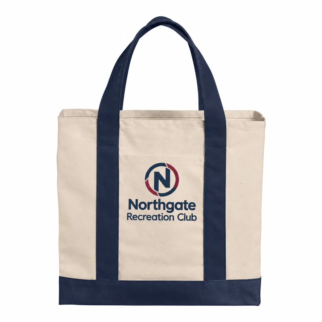 Custom Port Authority Cotton Canvas Two-Tone Tote (BG429) in Natural/ River Blue Navy, flat-lay view with a custom printed logo. Example design