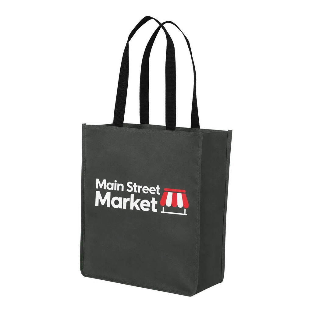 Custom Port Authority Upright Essential Tote (BG431) in Dark Charcoal, flat-lay view with a custom printed logo. Example design