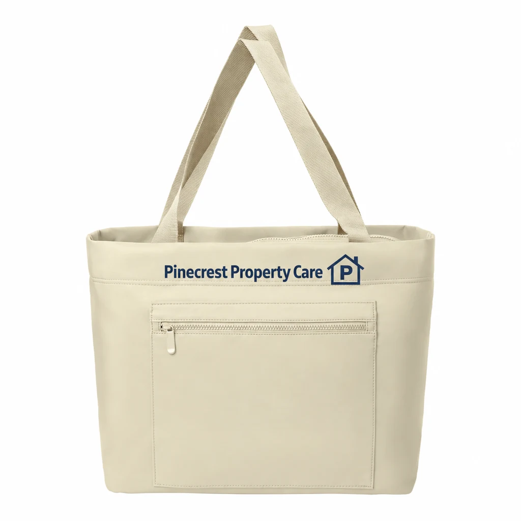 Custom Port Authority Matte Carryall Tote (BG435) in Sahara, flat-lay view with a custom printed logo. Example design