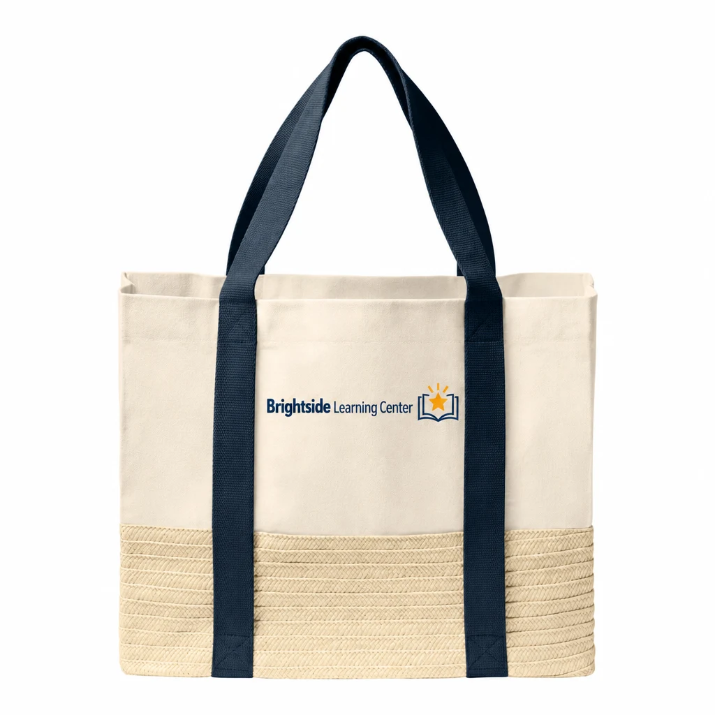 Custom Port Authority Straw Market Tote (BG450) in River Blue Navy, flat-lay view with a custom printed logo. Example design