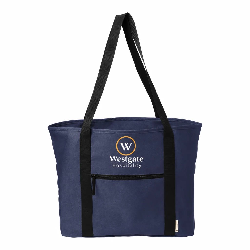 Custom Port Authority C-FREE Recycled Tote (BG470) in True Navy, flat-lay view with a custom printed logo. Example design