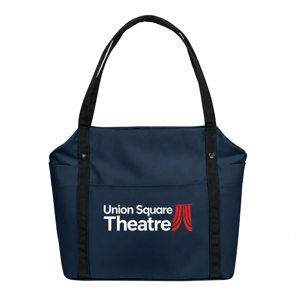 Custom Port Authority Matte Oxford Tote (BG472) in River Blue Navy, flat-lay view with a custom printed logo. Example design