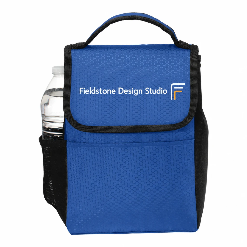 Custom Port Authority Lunch Bag Cooler (BG500) in Twilight Blue/ Black, flat-lay view with a custom printed logo.
