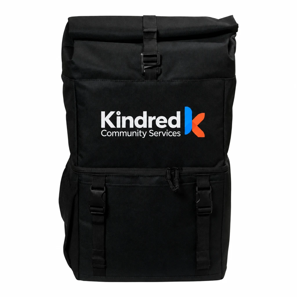 Custom Port Authority 18-Can Backpack Cooler (BG501) in Black, flat-lay view with a custom printed logo.