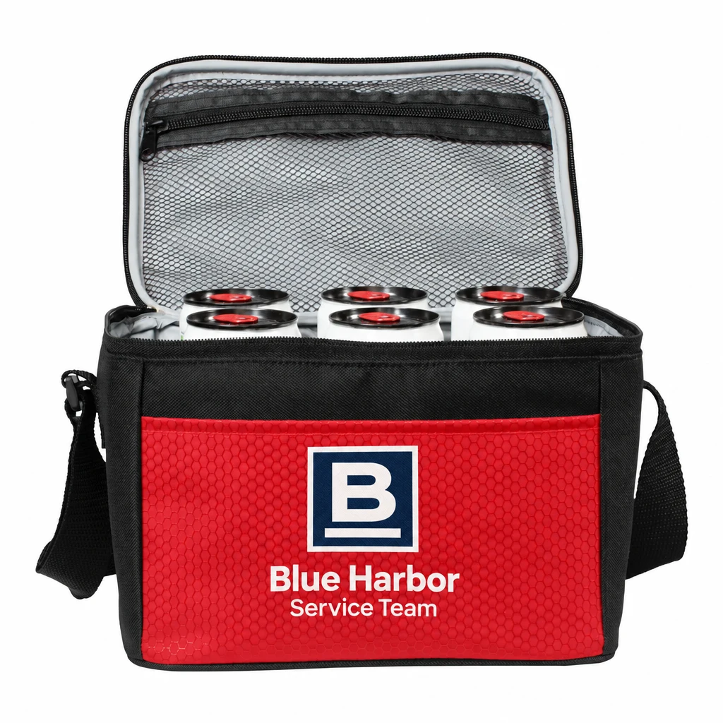 Custom Port Authority 6-Can Cube Cooler (BG512) in Red/ Black, flat-lay view with a custom printed logo.