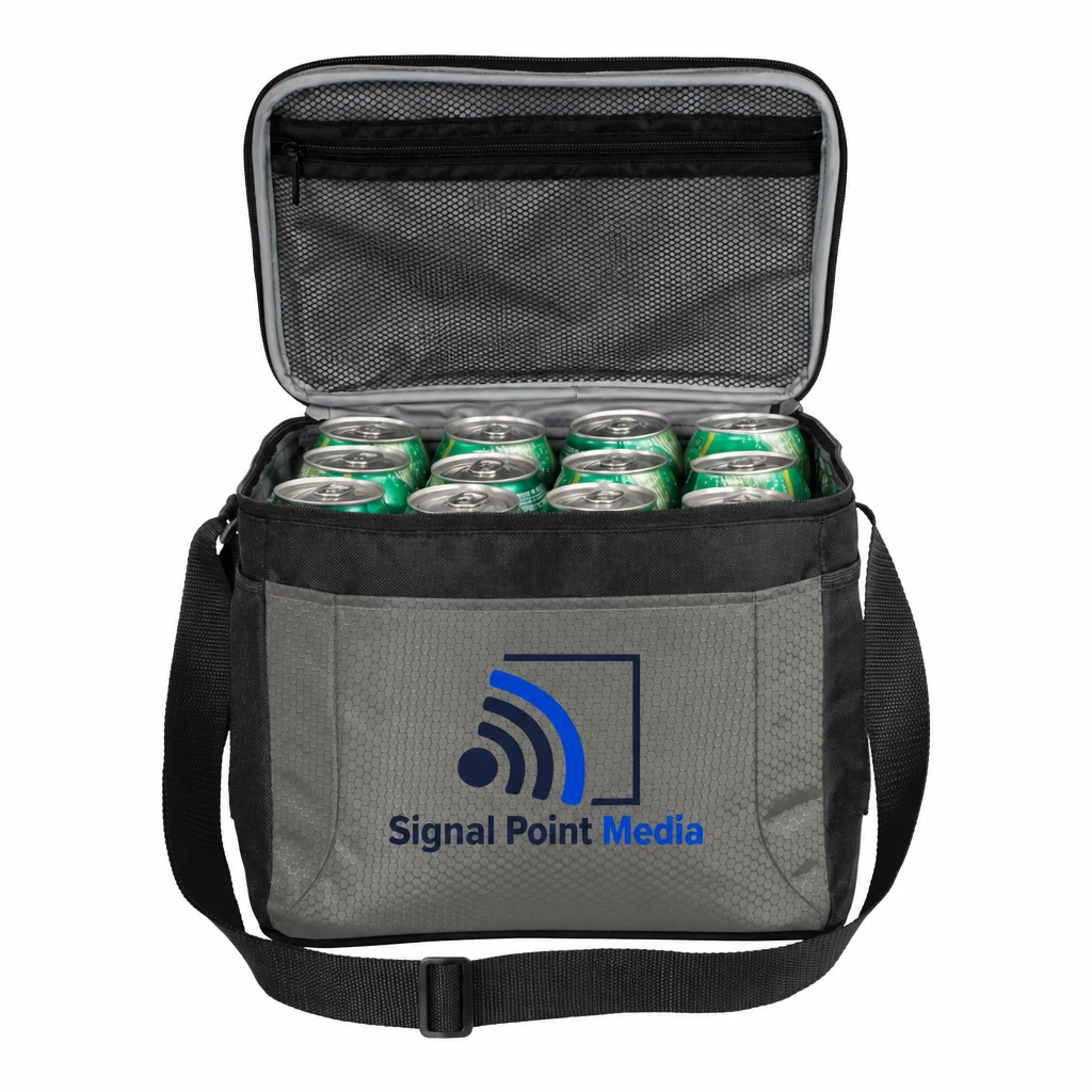 Custom Port Authority 12-Can Cube Cooler (BG513) in Grey/ Black, flat-lay view with a custom printed logo.