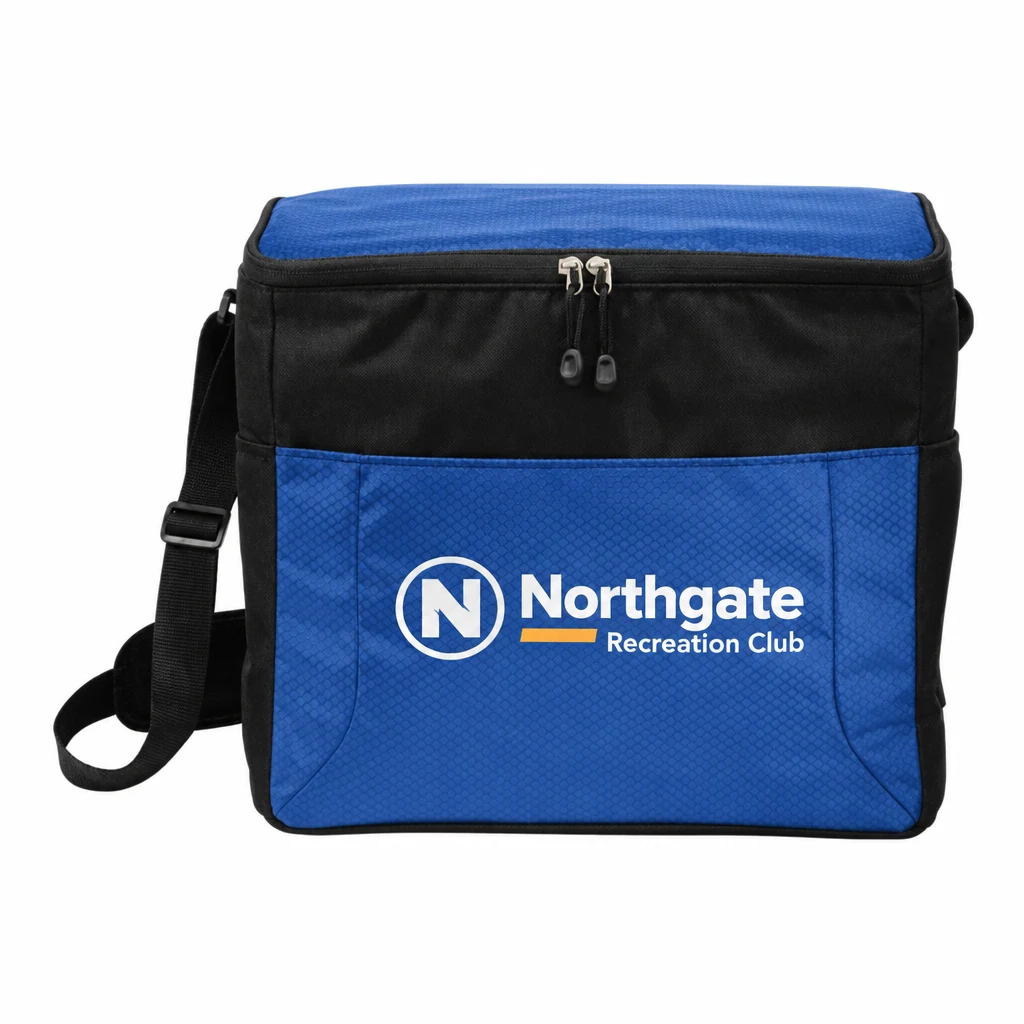 Custom Port Authority 24-Can Cube Cooler (BG514) in Twilight Blue/ Black, flat-lay view with a custom printed logo.
