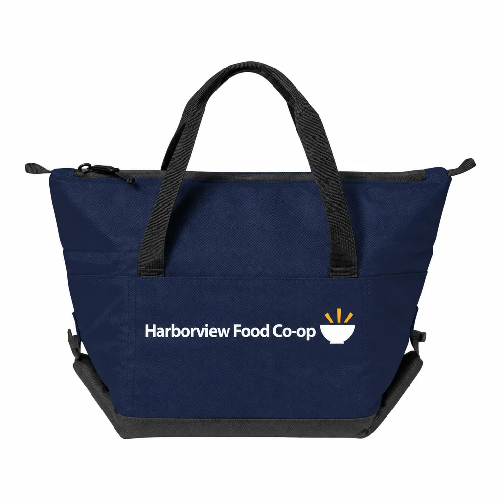 Custom Port Authority 6-Can Collapsible Cooler (BG515) in River Blue Navy/ Dark Charcoal, flat-lay view with a custom printed logo.