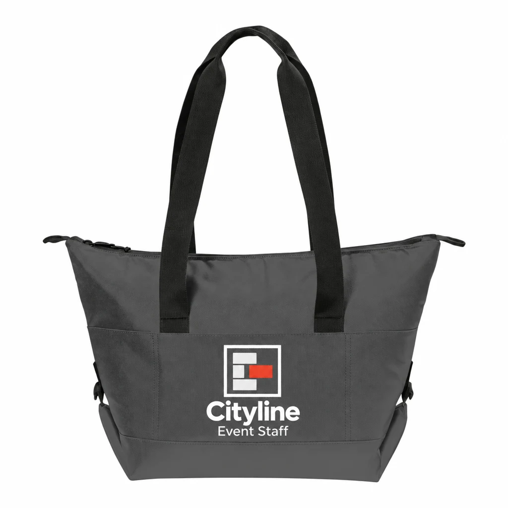 Custom Port Authority 18-Can Collapsible Cooler (BG516) in Charcoal/ Dark Charcoal, flat-lay view with a custom printed logo.