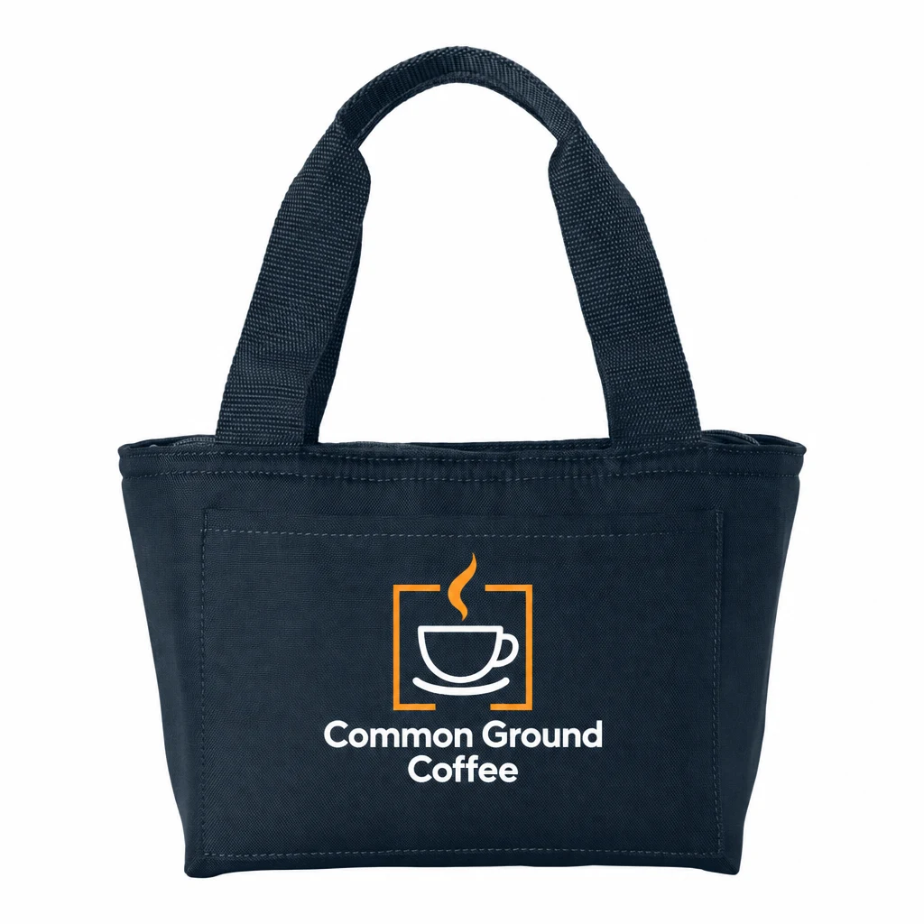 Custom Port Authority Insulated Lunch Tote (BG518) in River Blue Navy, flat-lay view with a custom printed logo. Example design