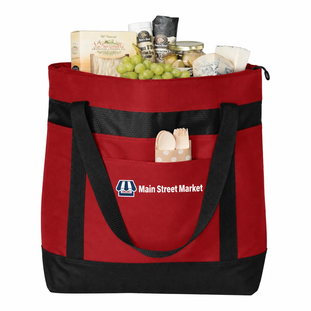 Custom Port Authority Large Tote Cooler (BG527) in Chili Red/ Black, flat-lay view with a custom printed logo.