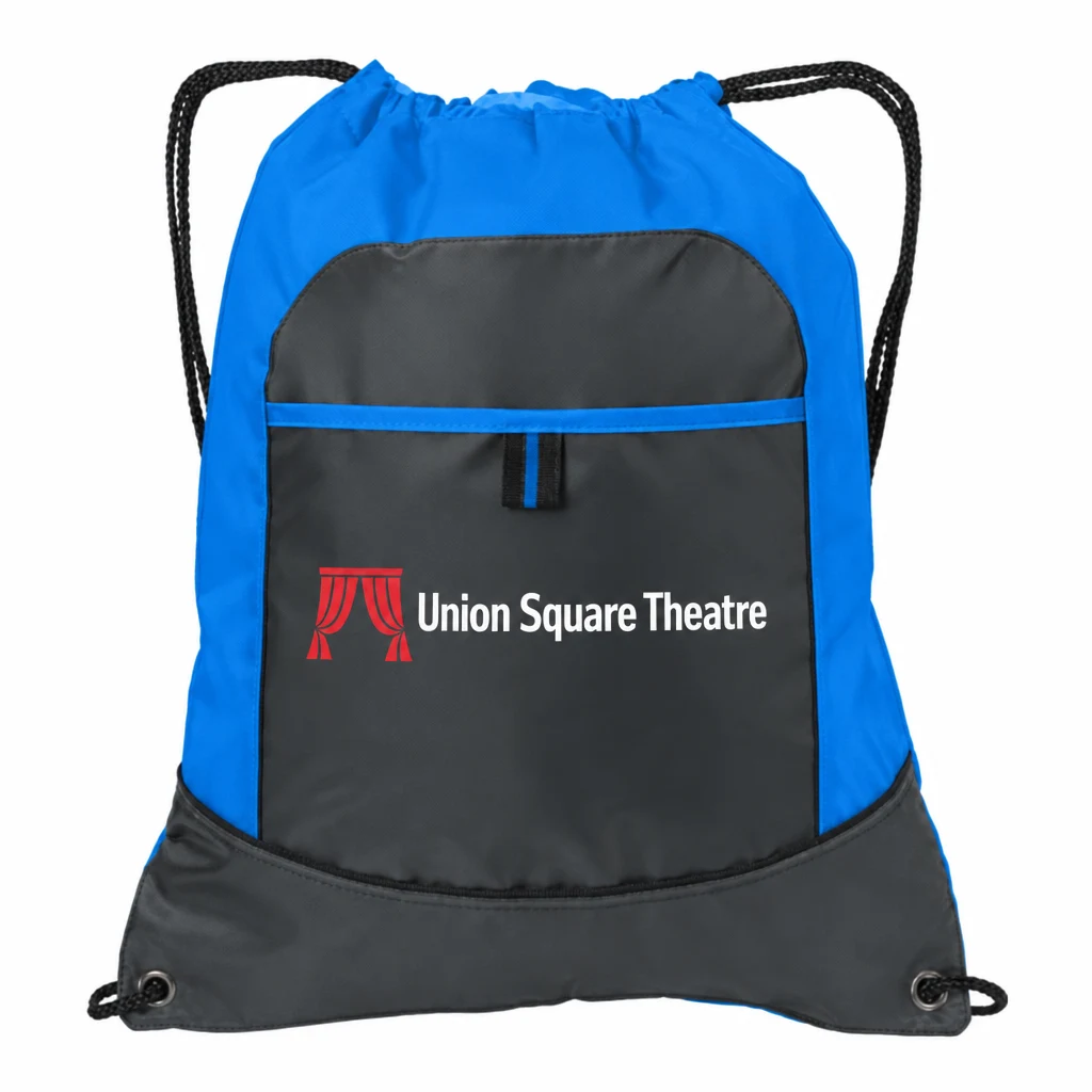 Custom Port Authority Pocket Cinch Pack (BG611) in Brilliant Blue/ Deep Smoke, flat-lay view with a custom printed logo.