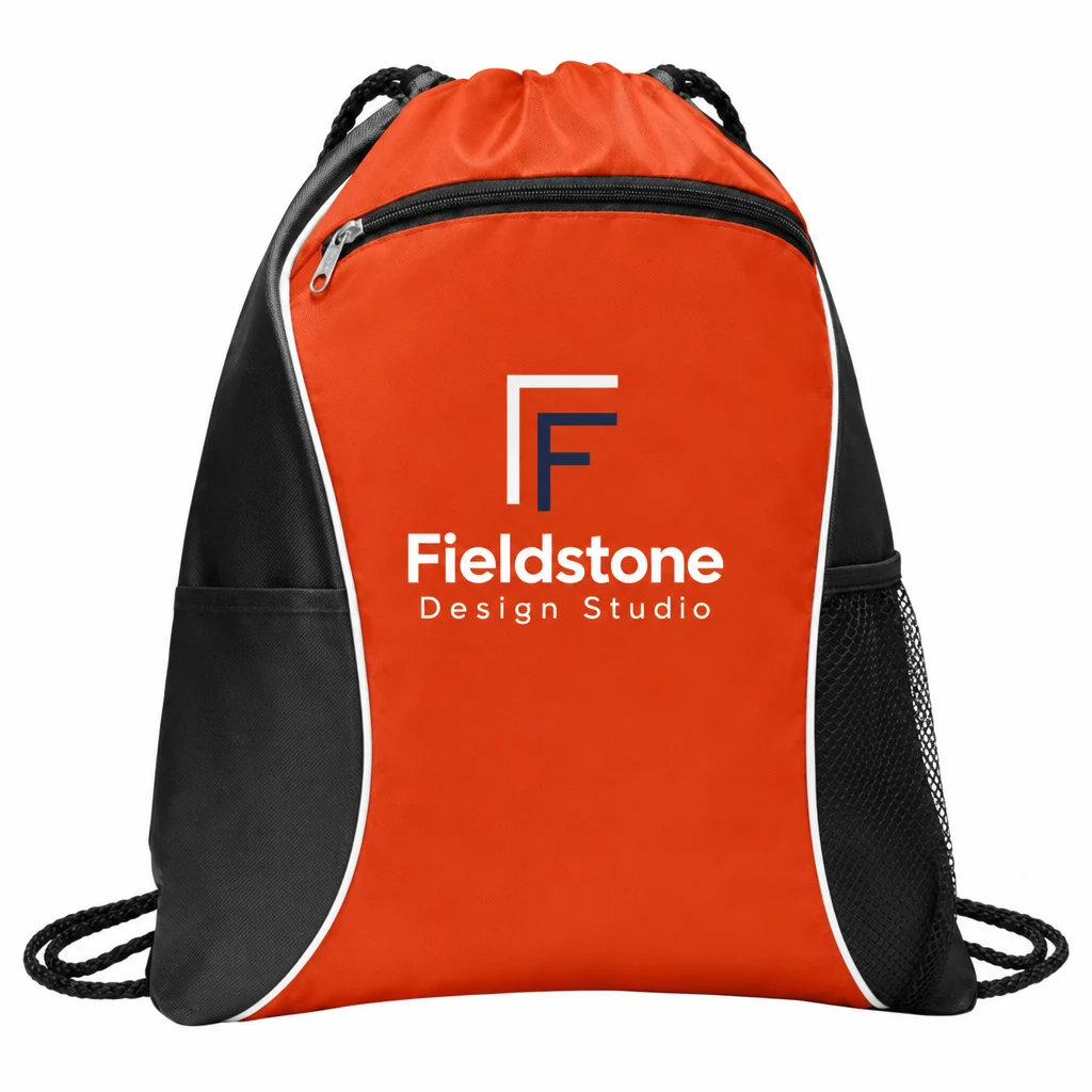 Custom Port Authority Fast Break Cinch Pack (BG613) in Pop Orange, flat-lay view with a custom printed logo.