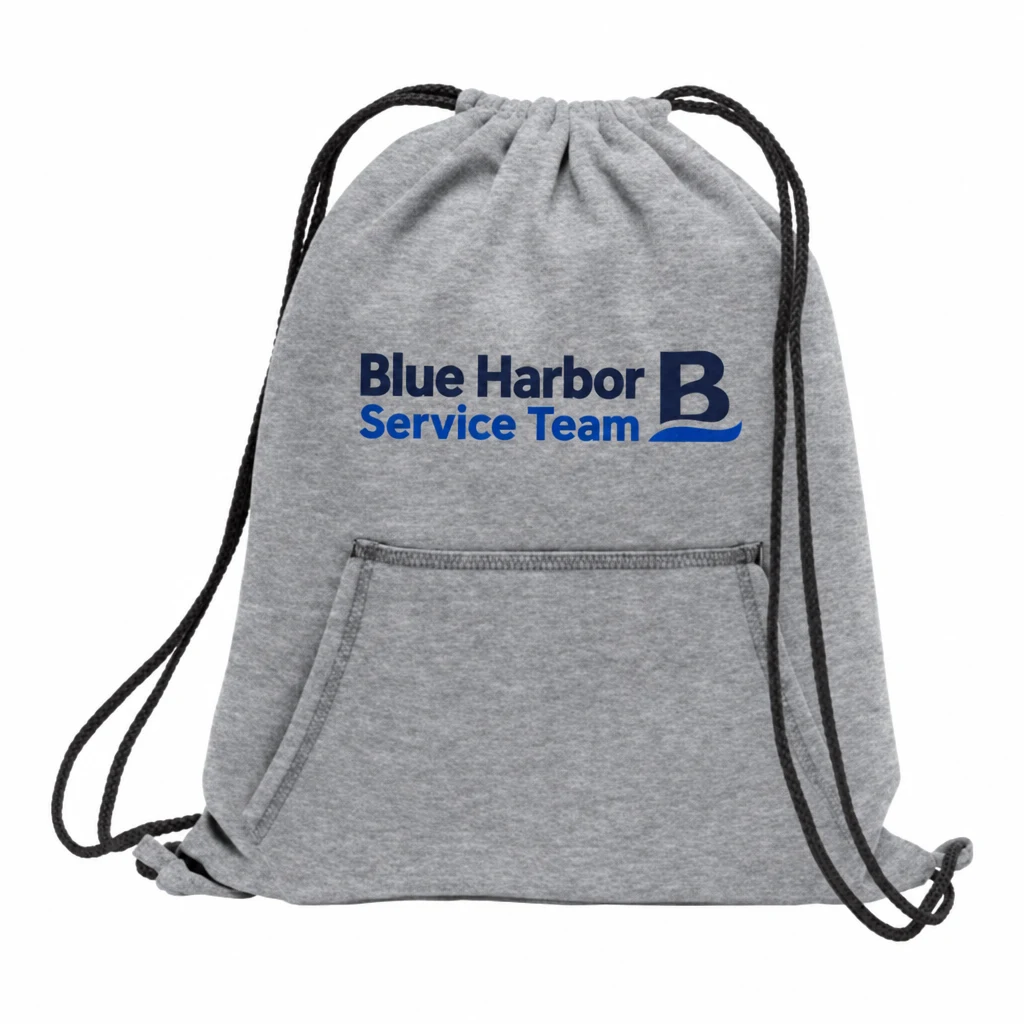 Custom Port & Co Core Fleece Sweatshirt Cinch Pack (BG614) in Athletic Heather, flat-lay view with a custom printed logo.