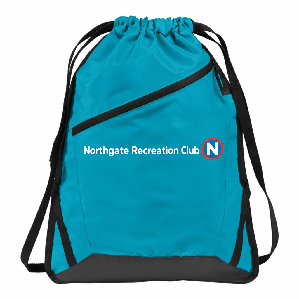 Custom Port Authority Zip-It Cinch Pack (BG616) in Tropic Blue/ Black, flat-lay view with a custom printed logo.