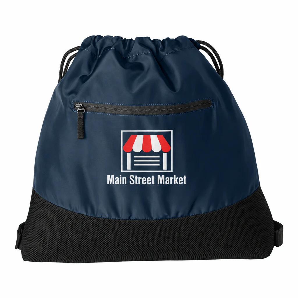 Custom Port Authority Agility Mesh Pocket Cinch (BG619) in True Navy, flat-lay view with a custom printed logo.