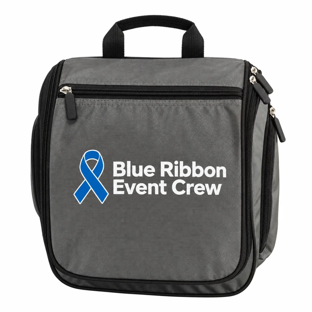 Custom Port Authority Hanging Toiletry Kit (BG700) in Deep Smoke, flat-lay view with a custom printed logo.