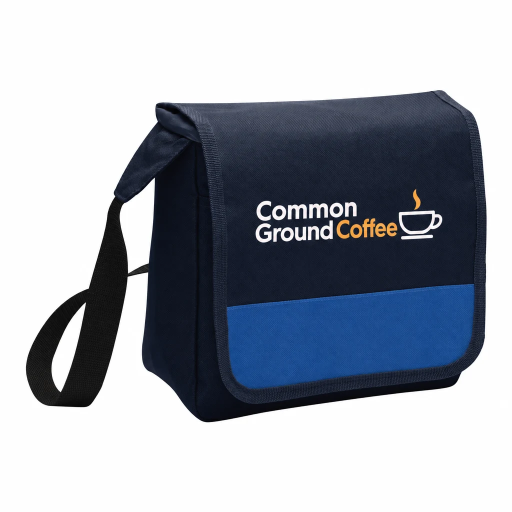 Custom Port Authority Lunch Cooler Messenger (BG753) in Navy/ Twilight Blue, flat-lay view with a custom printed logo.