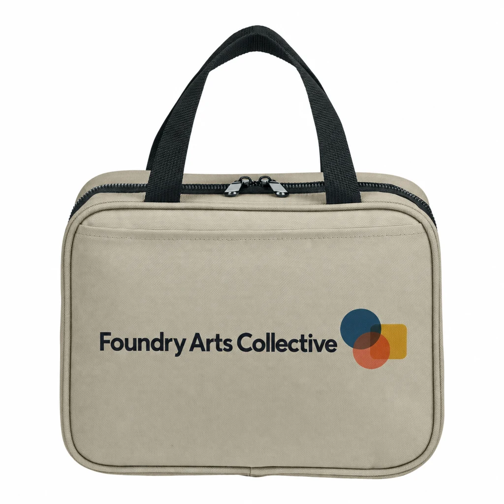 Custom Port Authority Matte Oxford Hanging Travel Case (BG755) in Sahara, flat-lay view with a custom printed logo.