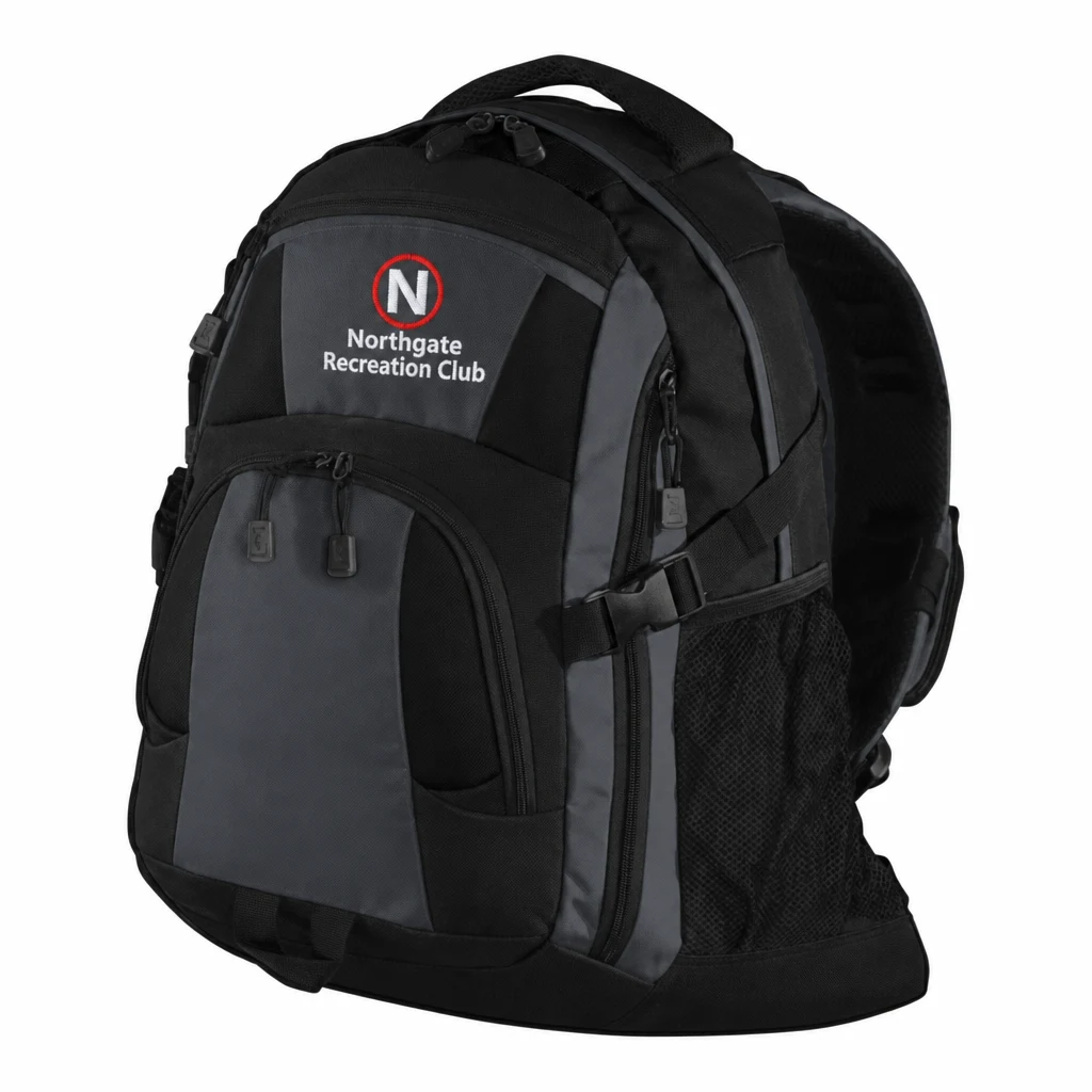 Custom Port Authority Urban Backpack (BG77) in Black/ Magnet/ Black, flat-lay view with a custom embroidered logo.