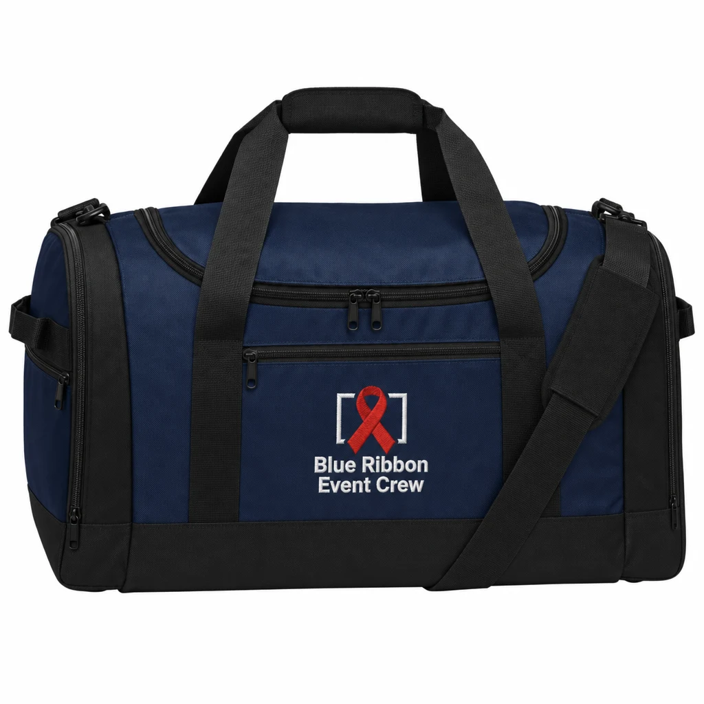 Custom Port Authority Voyager Sports Duffel (BG800) in Navy, flat-lay view with a custom embroidered logo.