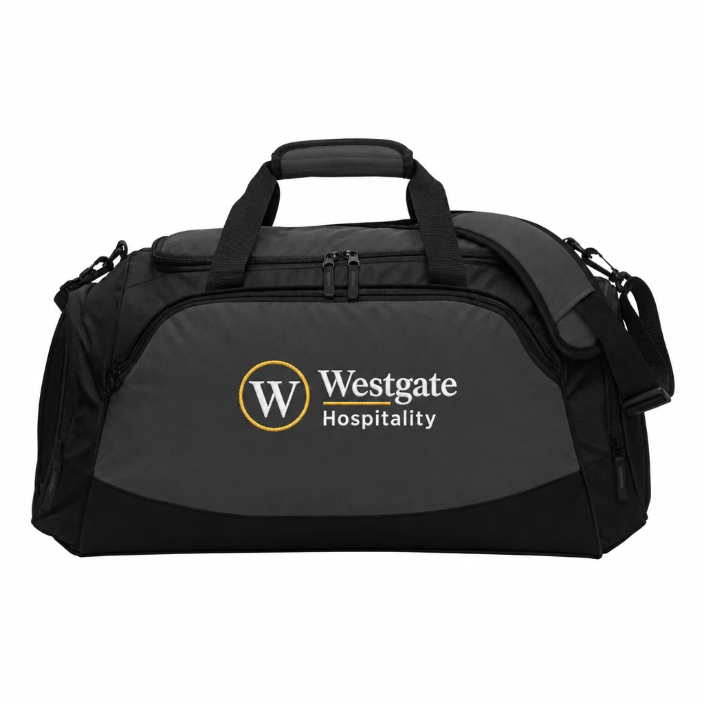 Custom Port Authority Medium Active Duffel (BG801) in Dark Charcoal/ Black, flat-lay view with a custom embroidered logo.