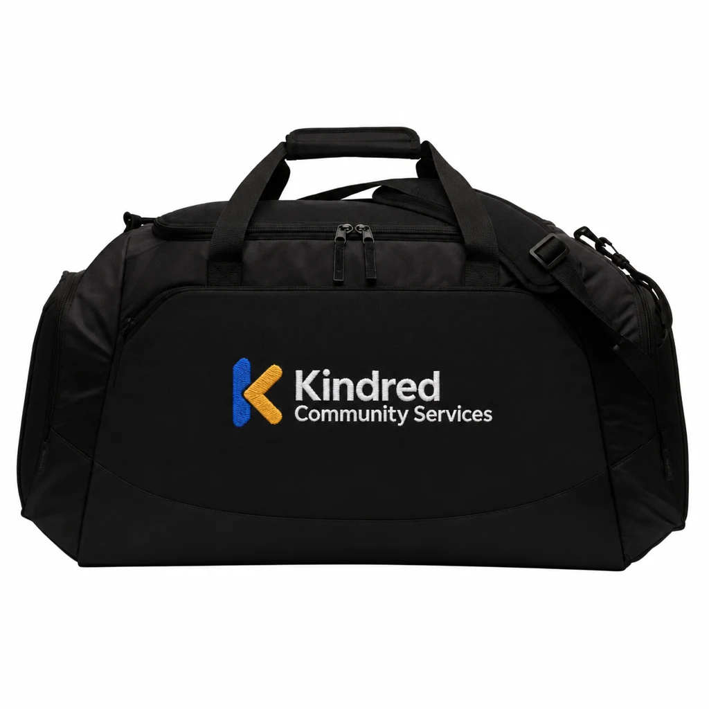 Custom Port Authority Large Active Duffel (BG802) in Black/ Black, flat-lay view with a custom embroidered logo.